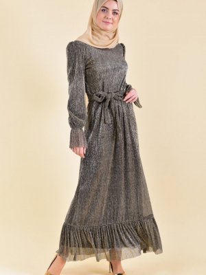 Sefamerve Kahverengi Fırfırlı Simli Elbise