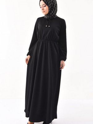 Sefamerve Siyah Beli Büzgülü Elbise