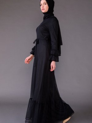 Sefamerve Siyah Kuşaklı Tül Elbise