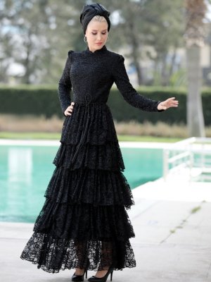 Selma Sarı Design Siyah Kat Kat Abiye Elbise