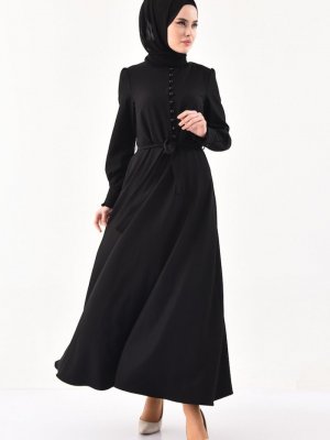 Sefamerve Siyah Düğme Detaylı Kuşaklı Elbise