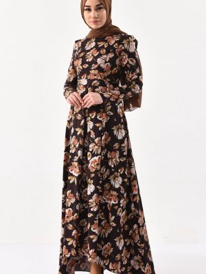 Sefamerve Kahverengi Desenli Kuşaklı Elbise