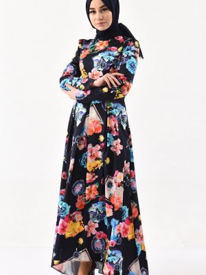 Sefamerve Lacivert Desenli Kuşaklı Elbise