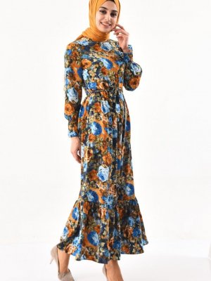 Sefamerve Lacivert Taba Desenli Kuşaklı Elbise