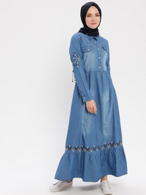 Tuncay Açık Mavi Nakış Detaylı Kot Elbise