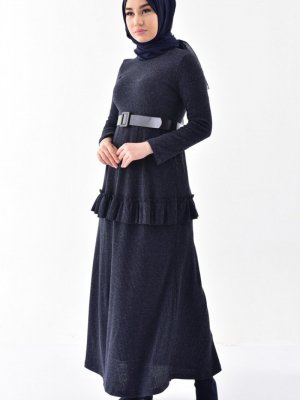 Sefamerve Lacivert Kemerli Fırfırlı Elbise
