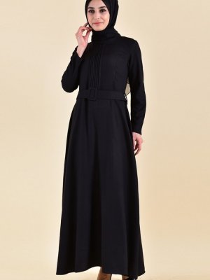 Sefamerve Siyah Nervürlü Kemerli Elbise