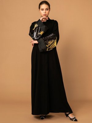 Nuum Design Siyah Payet Kol Detaylı Abaya