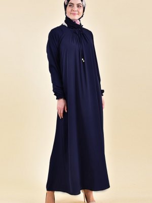 Sefamerve Lacivert Kolu Lastikli Yazlık Elbise
