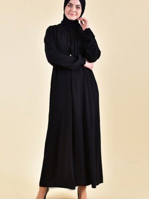 Sefamerve Siyah Kolu Lastikli Yazlık Elbise