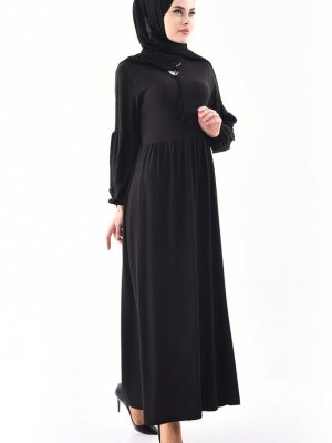 Sefamerve Siyah Kolu İncili Elbise