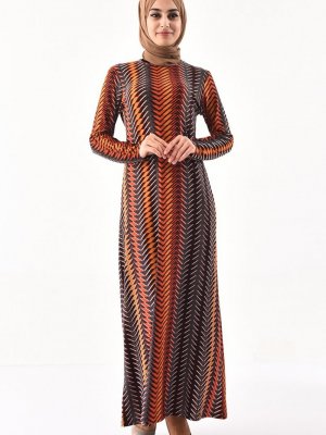 Sefamerve Kahverengi Desenli Elbise