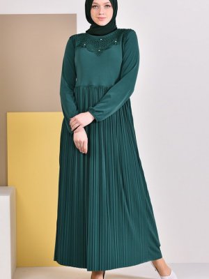 Sefamerve Zümrüt Yeşili Dantel Detaylı Sandy Elbise