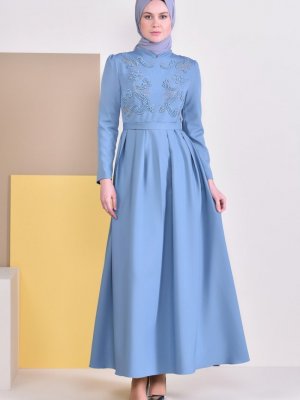 Sefamerve Mavi İncili Kuşaklı Elbise