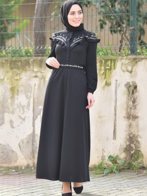 Sefamerve Siyah Nakışlı Kuşaklı Elbise