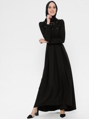 Moda Zenis Siyah İncili Taş Detaylı Abiye Elbise