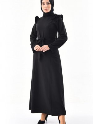 Sefamerve Siyah Taş Detaylı Kuşaklı Elbise