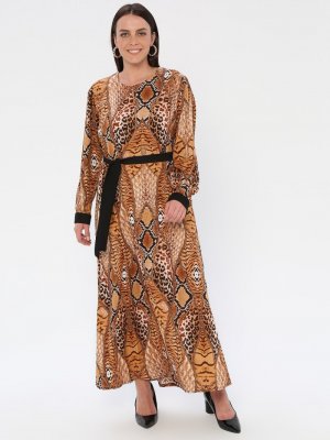GELİNCE Kahverengi Desenli Elbise