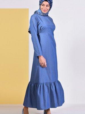 Sefamerve Kot Mavi Kuşaklı Elbise