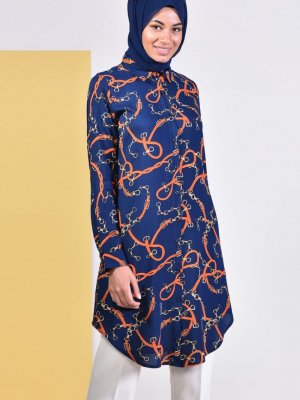 Sefamerve Lacivert Viskon Emprime Tunik