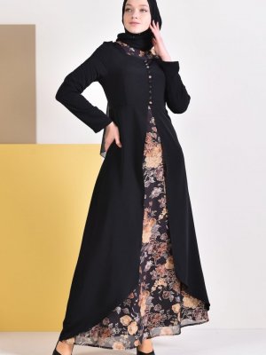 Sefamerve Siyah Düğme Detaylı Jakarlı Elbise