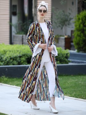 Selma Sarı Design Karışık Renkli Uzun Kimono Ceket