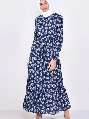 Sefamerve Lacivert Desenli Bağcıklı Elbise