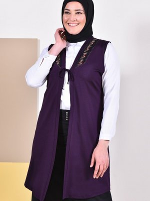 Sefamerve Mor Büyük Beden Dantel Detaylı Yelek