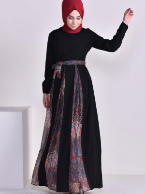 Sefamerve Siyah Şifon Garnili Likralı Elbise