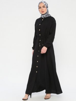 ELİT LİFE Siyah Düğmeli Beli Bağcıklı Elbise