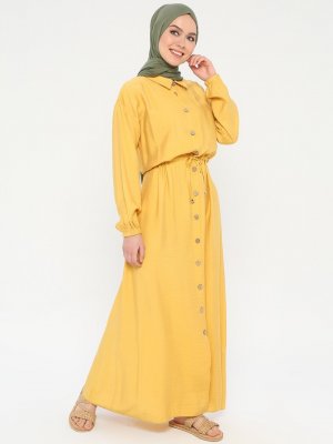 ELİT LİFE Sarı Düğmeli Beli Bağcıklı Elbise