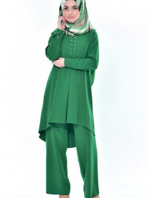 Sefamerve Zümrüt Yeşili Asimetrik Tunik Pantolon İkili Takım