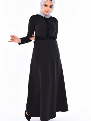Sefamerve Siyah Flok Baskılı İncili Elbise