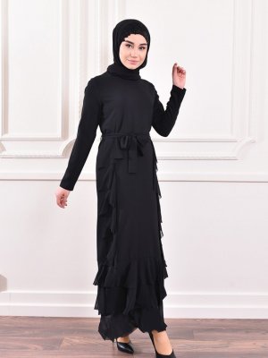 Sefamerve Siyah Fırfırlı Kuşaklı Elbise