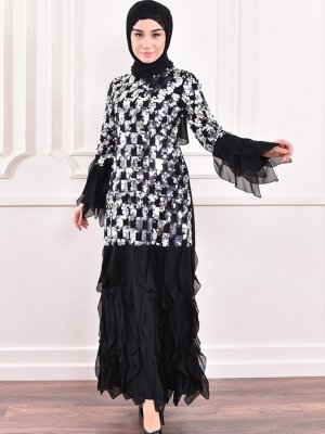 Sefamerve Siyah Gümüş Payetli Fırfırlı Elbise