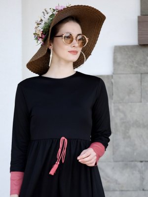 Selma Sarı Design Siyah Pudra Garnili Püsküllü Elbise