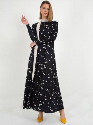 Liolle Siyah Yakası Kuşaklı Puantiyeli Elbise