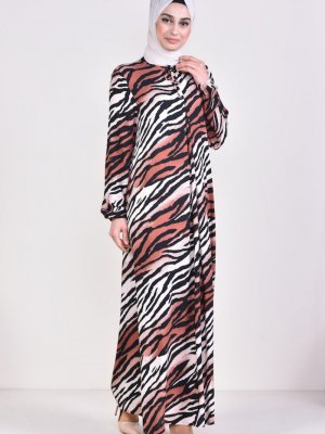 Sefamerve Siyah Kiremit Zebra Desenli Viskon Elbise