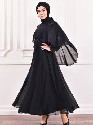 Sefamerve Siyah Payetli Şifon Abiye Elbise