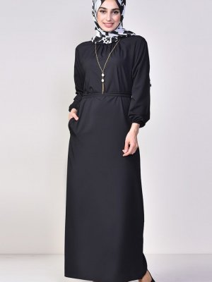 Sefamerve Siyah Kolyeli Kuşaklı Elbise