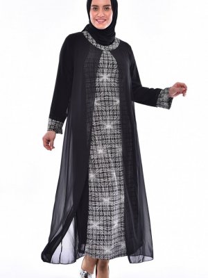 Sefamerve Siyah Gümüş Büyük Beden Simli Abiye Elbise