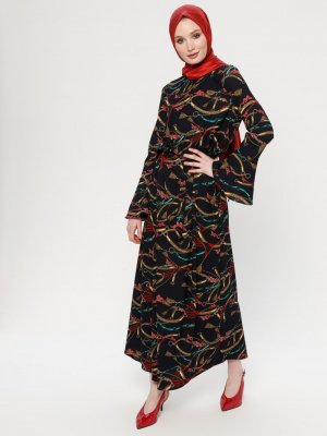 ECESUN Lacivert Püskül Desenli Elbise