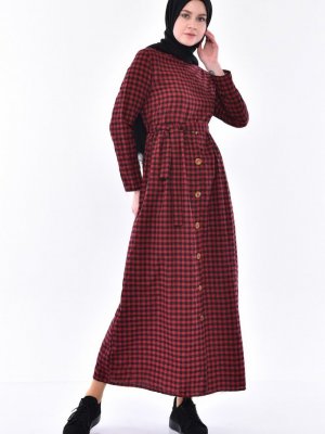 Sefamerve Kırmızı Düğme Detaylı Kareli Elbise