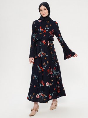 ECESUN Lacivert Çiçek Desenli Elbise