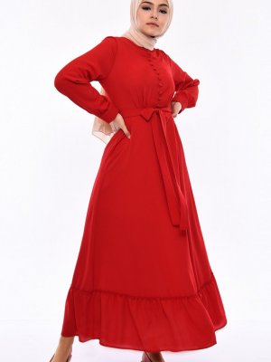 Sefamerve Kırmızı Düğme Detaylı Kuşaklı Elbise
