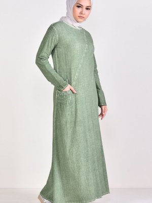 Sefamerve Yeşil Şile Bezi Yıkamalı Elbise