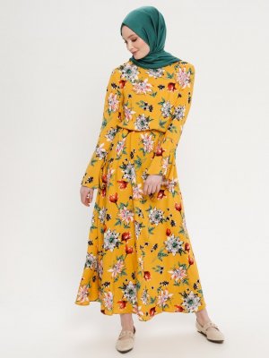 ECESUN Hardal Çiçek Desenli Kemerli Elbise