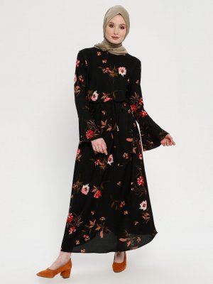 ECESUN Siyah Kırmızı Çiçek Desenli Elbise