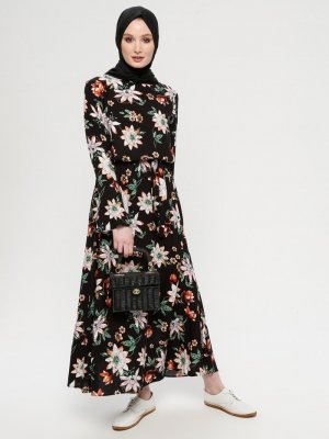 ECESUN Siyah Çiçek Desenli Kemerli Elbise