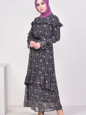 Sefamerve Siyah Pudra Çiçek Desenli Şifon Elbise